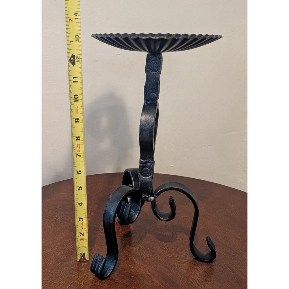 VTG Hand-Forged Black Iron Candle Holder Substantial Weight Scroll Design 13